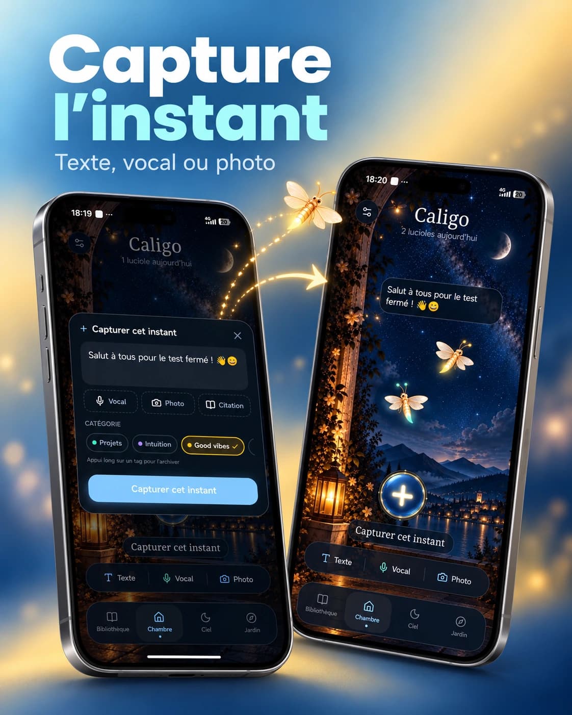 Capture d’un instant dans Caligo : texte, vocal, photo et sélection de catégorie