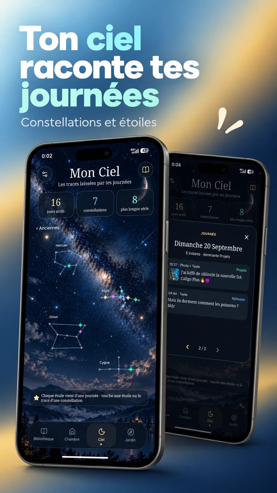 Ciel de Caligo avec constellations et détail d’une journée